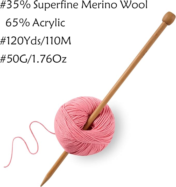 2 Balls Merino Wool Yarn, 12-Ply Luxurious and Soft Yarn for Hand Knitting & Crocheting, 1.76 OZ/50g, 120 yds/110 Meters(Pink,2Balls)