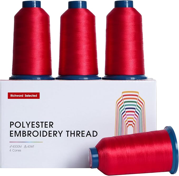 Richword Selected Red Embroidery Thread 4 Rolls, Huge Spool 4000M(4374Y) 40WT Polyester Thread for All Commercial Multi Needles and Single Needle Embroidery Machines