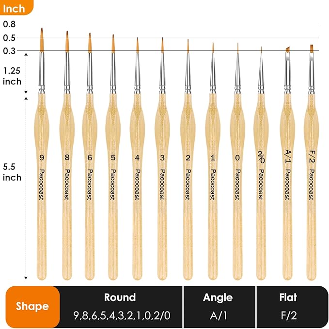 12PC Miniature Brushes, Pacocoast Detail Paint Brushes Set for Fine Detailing & Art Painting, Small Tiny Paint Brush Perfect for Acrylic, Paint by Number, Figurine, Craft, Models (Silver, Wood)