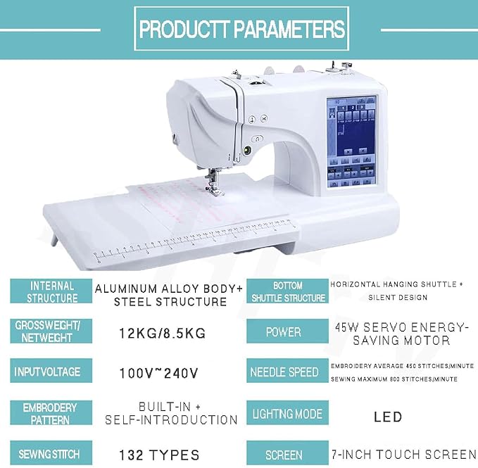 Automatic Sewing Machine Electric Embroidery Machine 158 Built-in Designs, 7" Touch Screen, Capable of Embroidering on 3D Caps, Flat, T-Shirt and More Sewing Made Easy