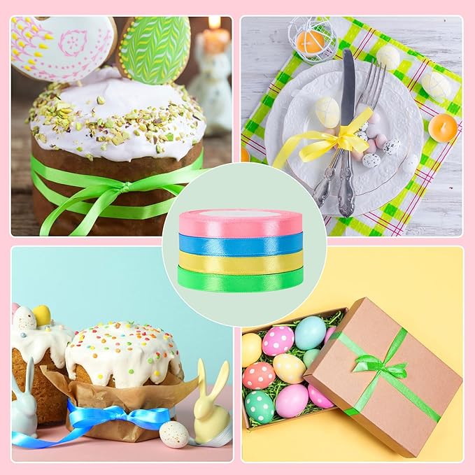 DECYOOL Easter Ribbon, 4 Rolls 100 Yards Satin Ribbons 10mm Wide Spring Colorful Craft Ribbon for Gift Wrapping Parties, Pink, Blue, Yellow, Green