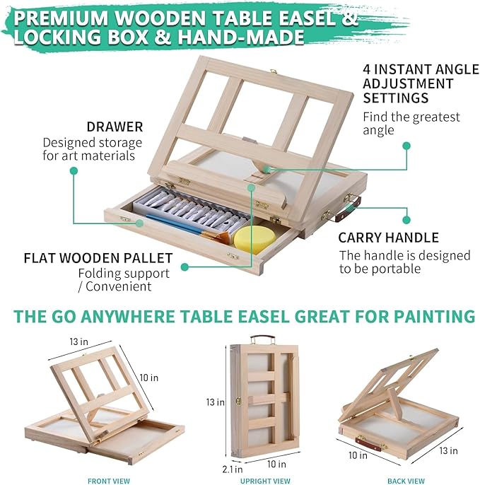 Wooden Tabletop Art Easel Set for Painting, 54 Pieces Starter Acrylic Paint Set with 24 Colors Acrylic Paints, Canvases, Sketch Pads, Brushes and Palette for Beginners Young Artists and Adults