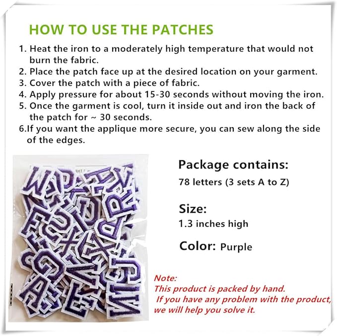 1.3 inch Iron on Letter Patches 78 Pieces, A-Z Embroidered Alphabet Patches for Clothing Jackets Hats Backpacks Jeans Purple
