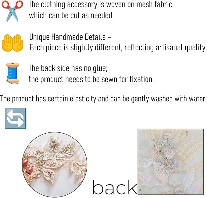 Beaded Pearl Flower Fabric Lace Applique, Floral Embroidered Patches Handmade Sewing Tool for DIY Neckline Bodice Wedding Bridal Prom Dress(Apricot-Small)