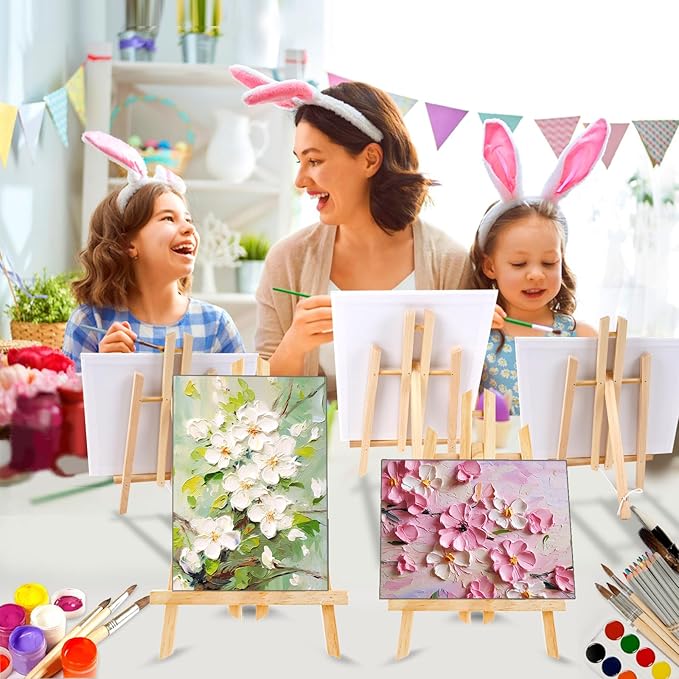 144 PCS Professional Painting Set, 12 PCS Wood Easels,12 Packs of 120 Brushes with Nylon Brush Head and 12 PCS Palettes, Painting Supplies kit for Kids & Adults Party.
