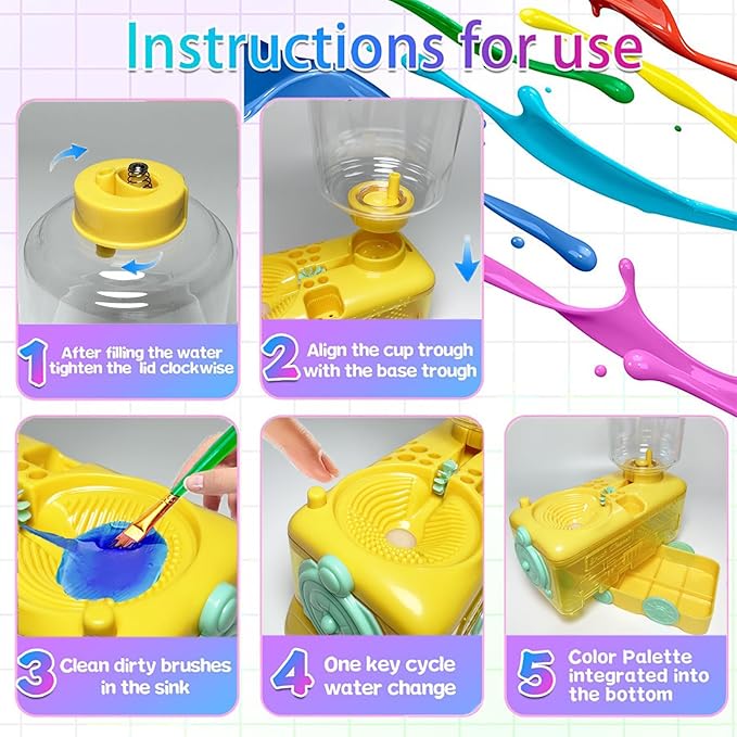 Paint Brush Cleaner with Paint Tray, Water Circulation Brush Rinser with Brush Holder, Watercolor/Oil and Water-Based Paint Brush Cleaner Tool, 400ml Capacity, Train Design, Gift for Artist Beginners