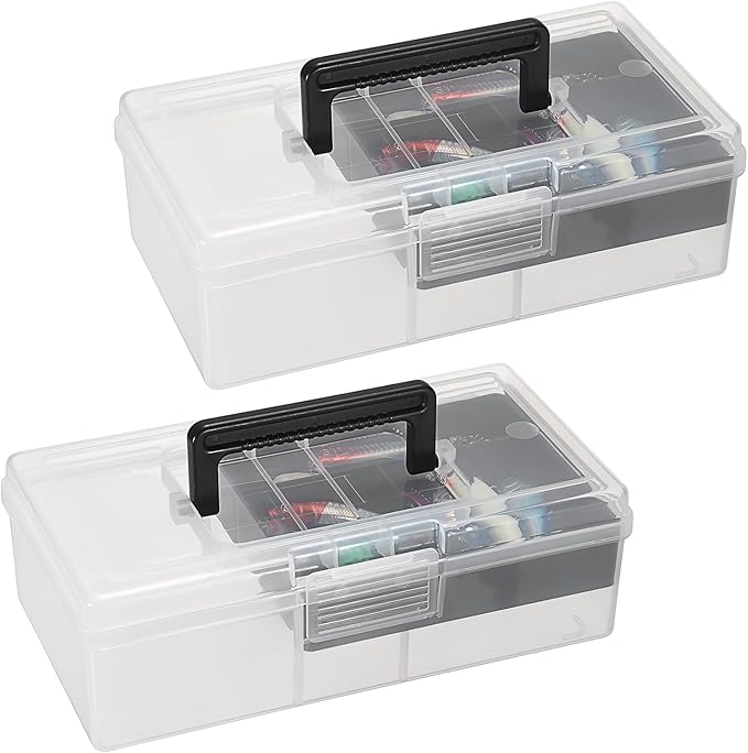 JUXYES 2 Pack Plastic Carry Storage Box with Removable Dividers, Clear Art Craft Supply Storage Bin Sewing Box with Handle Lid, 2 Layers Stationery Storage Case for School/Office Supplies Black