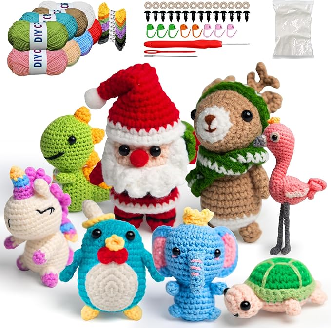 YOKISS 8Pcs Beginner Crochet Starter Kit, Creative Christmas Gifts & Birthday Gifts for Adults & Kids, Popular DIY Patterns, 40% Extra Yarn Crochet Animals Kits with Step-by-Step Video Tutorials