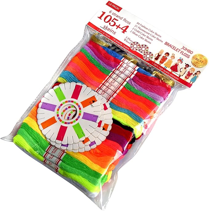 Embroidery Floss Rainbow Color 109 Skeins Per Pack Cross Stitch Threads Friendship Bracelets Floss Crafts Floss with 3 Weaved Plate（105 pcs Embroidery Floss +4 Metallic Embroidery Thread