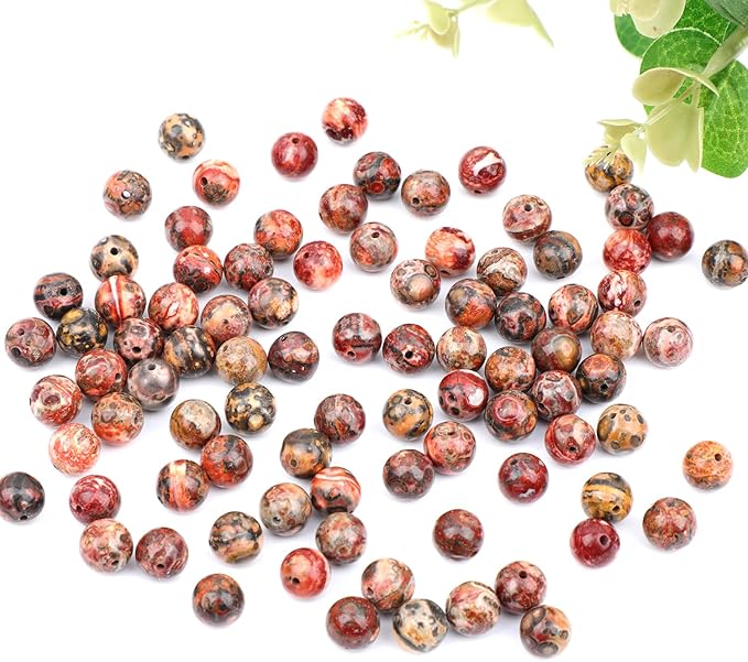 Natural Stone Genuine Stones DIY Round Beads 8mm 100pcs Beading Loose Gemstone Hole Size 1mm Charm Smooth Beads for Bracelets Necklaces Earrings (Red Leopard Fur Jasper 8mm)