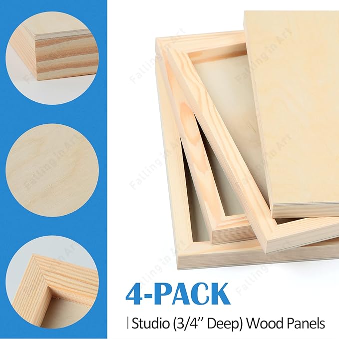 Falling in Art Unfinished Birch Wood Panels Kit for Painting, Wooden Canvas 4 Pack of 8x16’’ Studio 3/4’’ Deep, Cradle Boards for Pouring, Art, Crafts, Burning and More