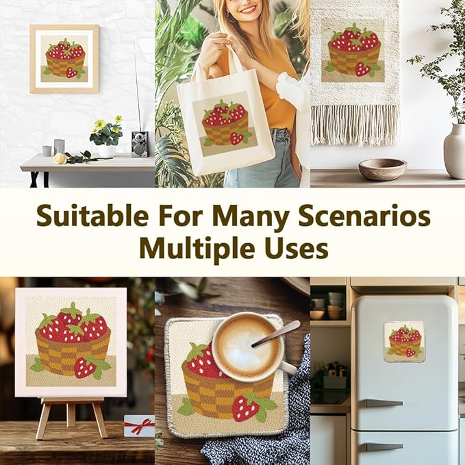 Doodlream Strawberries DIY Punch Needle Embroidery Kit for Adult Beginner, 9.4" A Basket of Strawberries Punch Stitching Craft Set for Starter with Frame, Fabric Pattern, Threader, Yarn, Pinch Needle