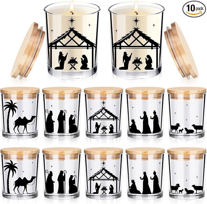 10 Pcs Christmas Glass Candle Jars Empty Containers Bulk 7 oz Glass Jars with Cork Lids Tins for Candle Making Storing Biscuits Tea Party Favors(Nativity)