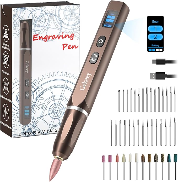 Gekeey Electric Engraving Pen, Cordless Rechargeable Mini Rotary Tool with 42 Bits, Aluminum Body, Variable Speed, Portable Engraver Pen for Metal Wood Glass and Plastic, Brown