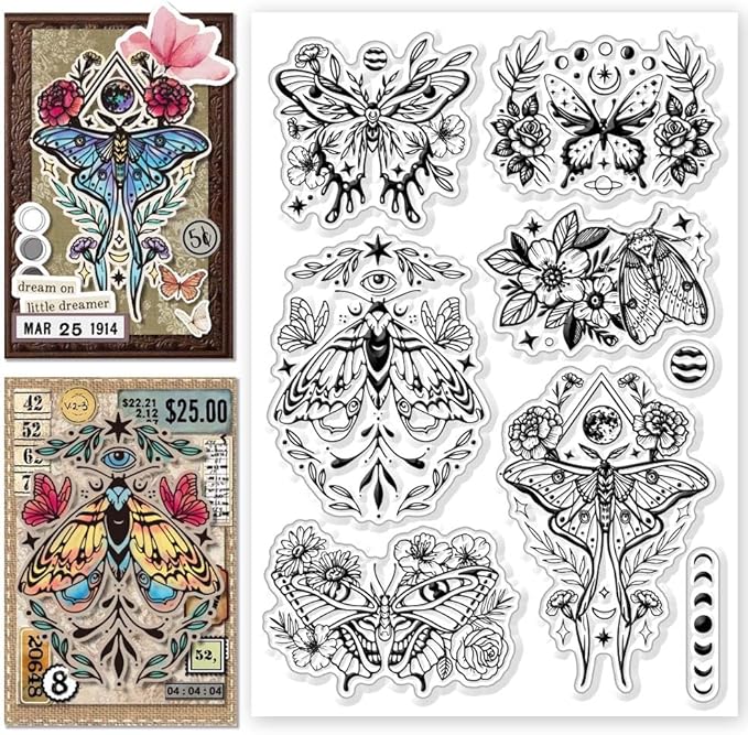 CHGCRAFT Moth Flowers Clear Stamps Moon Phase Silicone Stamps Craft Stamps for Journaling Card Making DIY Scrapbooking Handmade Photo Album Notebook