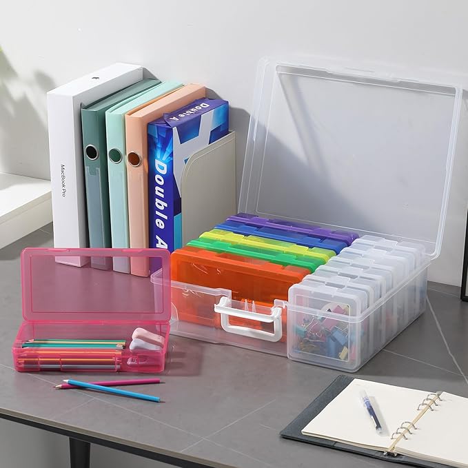 Plastic Storage Boxes & Organizers - Modern Arts & Crafts Storage with Lids - 6 Medium Color + 6 Small Clear - Stackable - 18 Items (12 Count) - 15.3"L x 12.5"W x 5.1"H