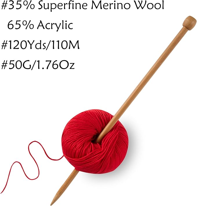 6 Balls Merino Wool Yarn, 12-Ply Luxurious and Soft Yarn for Hand Knitting & Crocheting, 1.76 OZ/50g, 120 yds/110 Meters(Red,6Balls)