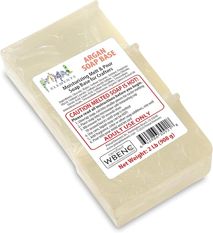 Primal Elements Argan Oil Soap Base - Moisturizing Melt and Pour Glycerin Soap Base for Crafting and Soap Making, Easy to Cut - 2 Pound