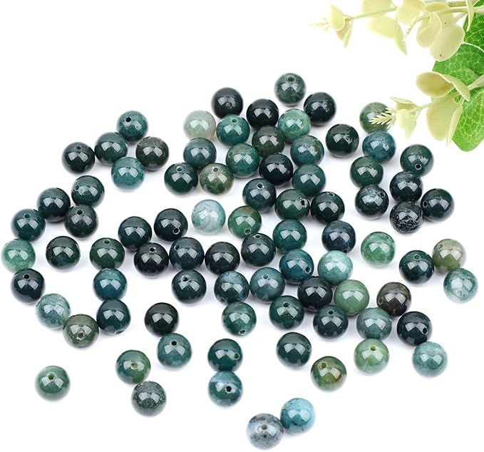 10mm 100pcs Natural Stone Beads Green Moss Agate Round Genuine Stone Beading Loose Gemstone Hole Size 1mm DIY Charm Smooth Beads for Bracelet Necklace Earrings (Green Moss Agate 10mm)