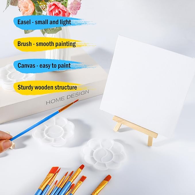 20 Pack Mini Canvas and Easel Set, 5.9 X 5.9 inch Small Painting Canvas Panel with Mini Easel, Mini Canvases with 10 Brushes & 5 Paint Tray,Art Canvases Painting Kit for Birthday Party Favors