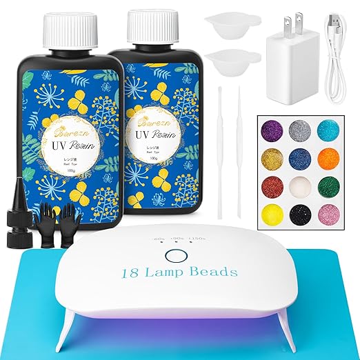 Bsrezn 200g UV Resin Kit with Light 18 Beads, Crystal Clear Solar Activated UV Epoxy Resin for Jewelry Making (100g x 2)