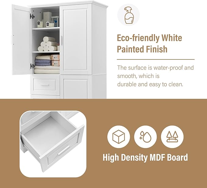 Large Storage Cabinet with 3 Doors and 3 Drawers, Freestanding Cabinet with Adjustable Shelves, Tall Modern Versatile Cupboard for Home Office Livingroom (White)