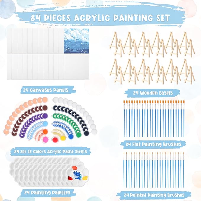 Qilery 24 Set 6 x 6 Inch Canvas Boards and Easel for Painting, Acrylic Paint Strips, Palettes, Brushes, Canvases Painting Kits for Kids Adults Artists Beginners Oil Acrylic Painting Party Favors