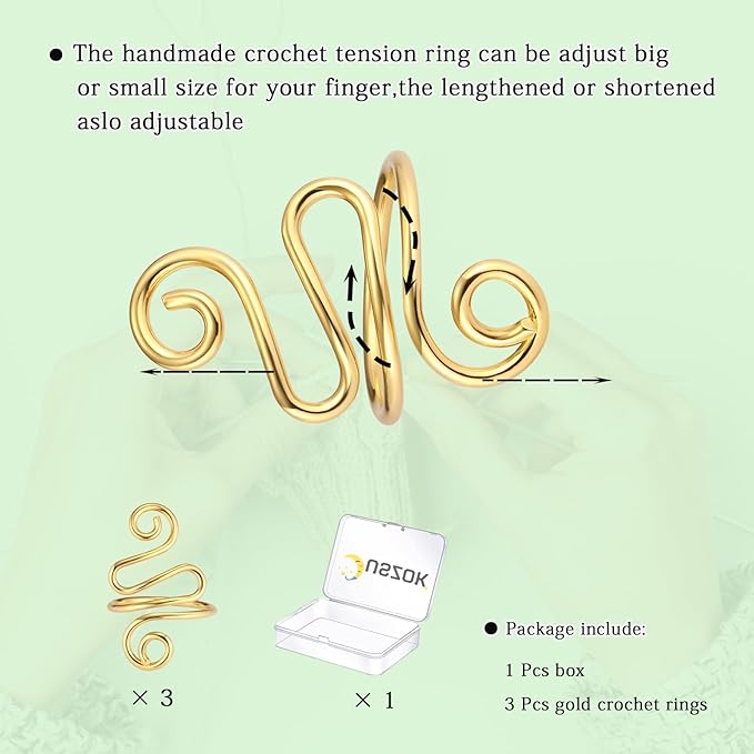Juszok 3Pcs Handmade Crochet Tension Ring, Crochet Ring for Finger Crocheting，Yarn Tension Control Ring, Adjustable Companion Knitting Ring with Box for Crocheters Knitters Women (Gold)