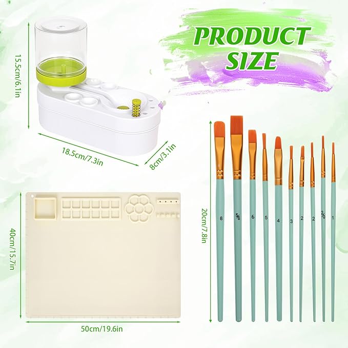 2025 New Painting Station, Paint Brush Cleaner (Pre-Assembled) and Silicone Painting Mat 20" X 16" Silicone Art Mat with 10 Paint Brushes for Artist Kids Adults Birthday Gifts (Green)