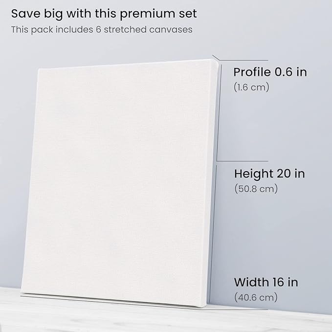 ARTEZA Stretched Canvas, 16 x 20 Inches, Pack of 6, Blank White Large Canvas for Painting for Acrylic, Oil and Gouache Paints