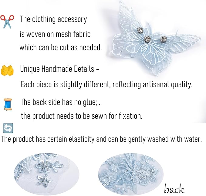 Flower Pearl Fabric Rhinestones Beaded Lace Applique,3D Butterfly Embroidered Lace Patch for Clothes,Dress (Light Blue)