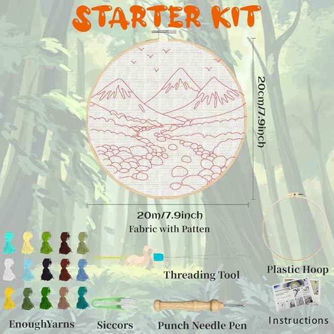 BEUNITONE 3PCS Mountain and River Punch Needle Kit for Adults Beginners, Complete Craft Kit Needlepoint Kits for Adults with Hoop, Punch Needle Starter Craft Set for Cloth Festival Gift and Home Decor