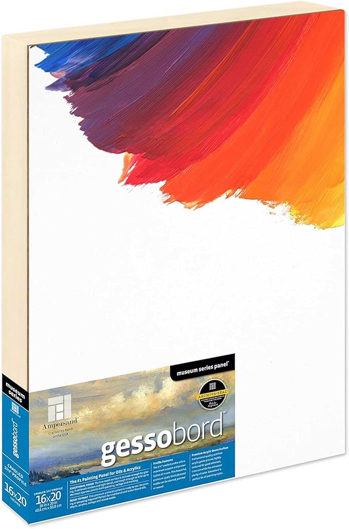 Ampersand Art Supply Gesso Wood Painting Panel: Museum Series Gessobord, 16" x 20", 1-1/2" Cradled Profile