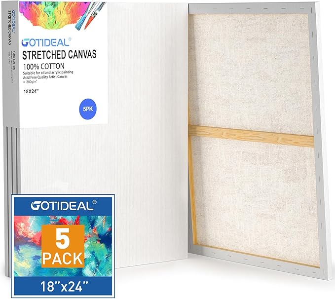 GOTIDEAL Stretched Canvases for Painting, 18x24" Inch Set of 5, Primed White - 100% Cotton Blank Art Canvas Boards for Painting for Acrylic Pouring, Oil Paint Dry & Wet Art Media