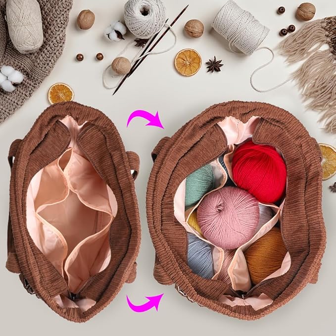 Crochet Bag Organizer Corduroy Yarn Bag Holder for Crocheting Basket Kit Knitting Needles Yarn Balls Gifting to Knitting Fans