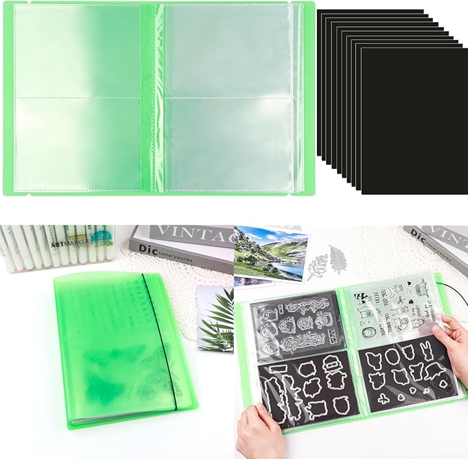 10 Pcs 0.3mm Magnet Sheets and 80 pockets/20 pages Storage Album for Stamp and Cutting Dies Storage Book Organizer Folder for Storage Die Cutting, DIY Scrapbooking Card Making Supplies (Green)