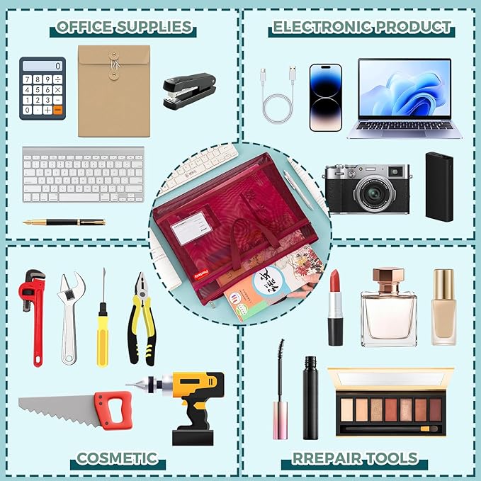 Pendancy Mesh Zipper Pouch A4 Size, Large Double Pocket Lightweight Nylon Transparent File Bag with Handle, 11x13.8 in Foldable Document Storage for Puzzle Project/Cross Stitch/Travel/Office (Red)