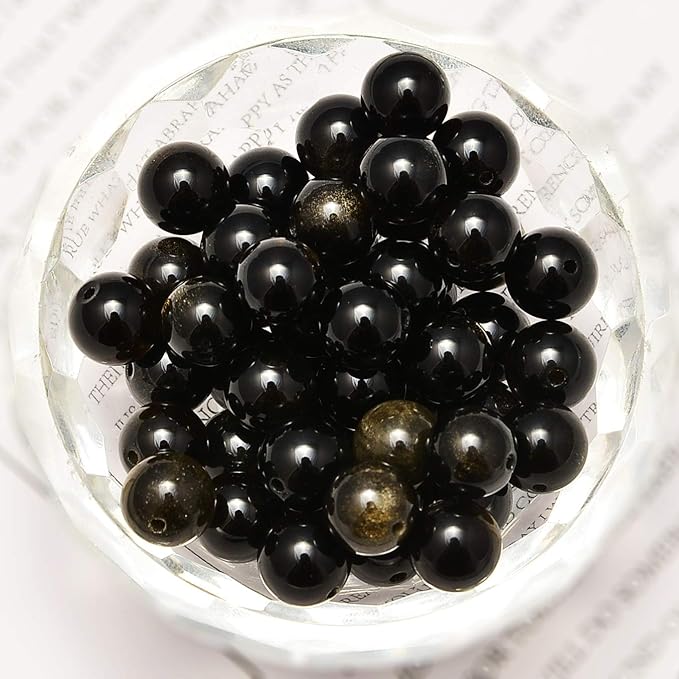 NCB 100pcs 8mm Black Golden Obsidian Beads Natural Semi Precious Beads Round Smooth Gemstones Loose Spacer Beads Charms for Necklaces Bracelets Jewelry Making (Black Golden Obsidian, 8mm 100Beads)