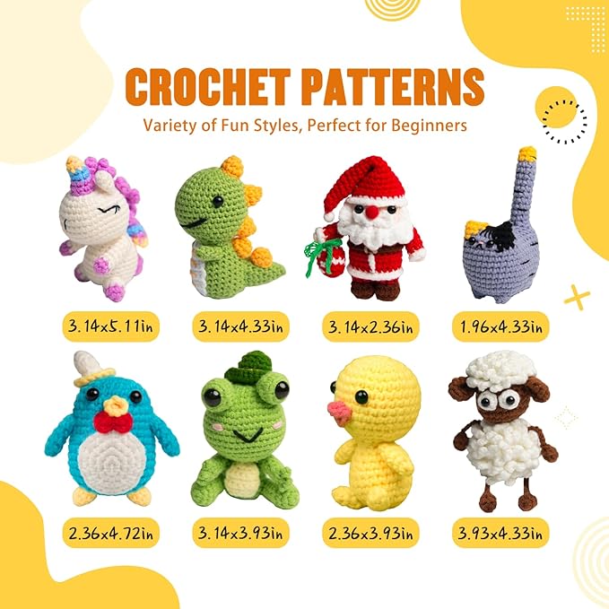 YOKISS 8Pcs Beginner Crochet Starter Kit, Creative Christmas Gifts & Birthday Gifts for Adults & Kids, Popular DIY Patterns, 40% Extra Yarn Crochet Animals Kits with Step-by-Step Video Tutorials