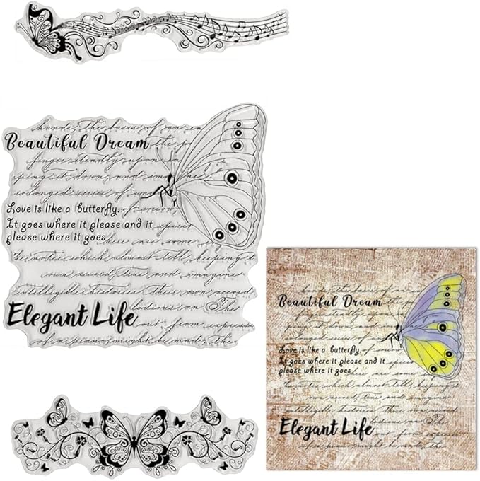 Butterfly Words Background Clear Stamps for Card Making and Journaling, Retro Butterfly Rubber Stamps Message Letters Stamps for Scrapbooking DIY Cards Album Crafts Supplies