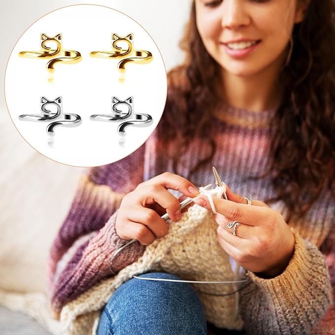 YUXIANLB 4pcs Knitting Crochet Loop Ring for Fingers Metal Open Yarn Guide Crochet Rings Adjustable Braided Faster Knitting Thimbles Holders Accessories for Crochet Mother Grandma Gifts (Gold Silver)