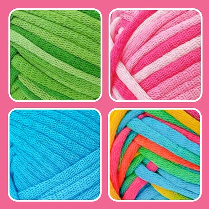 4x50g Beginner Crochet Yarn for Crocheting and Knitting; Beginner Easy Yarn kit with Tool Set (Rainbow+Strawberry+Lawngreen+Aqua, 4 Skein)