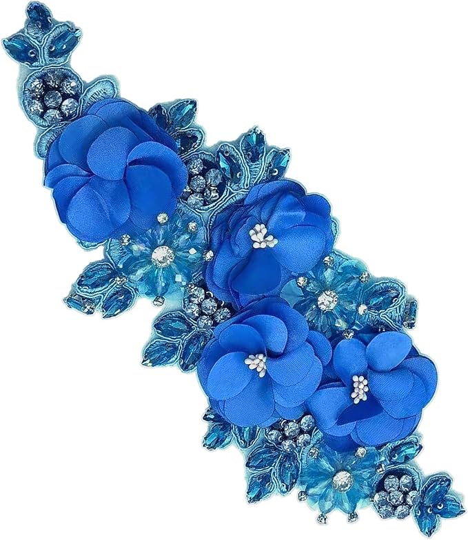 1pc Handmade Rhinestone Applique for Clothes, 3D Flower Fabric Patches for Wedding Dress, Bling Beaded Embroidery Lace Applique for Hat Hairband Sewing Embellishment (Deep Blue)