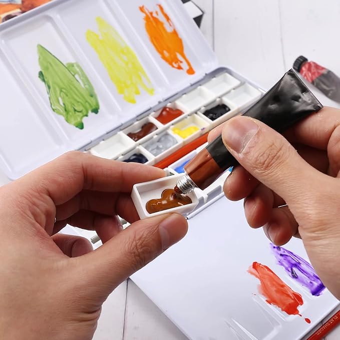 LOONENG Empty Watercolor Palette, Empty Watercolor Tin with Fold Out Palette, Large Colorful Watercolor Tray Palette with 28 Empty Full Pans for Plein Air Painting and Sketching