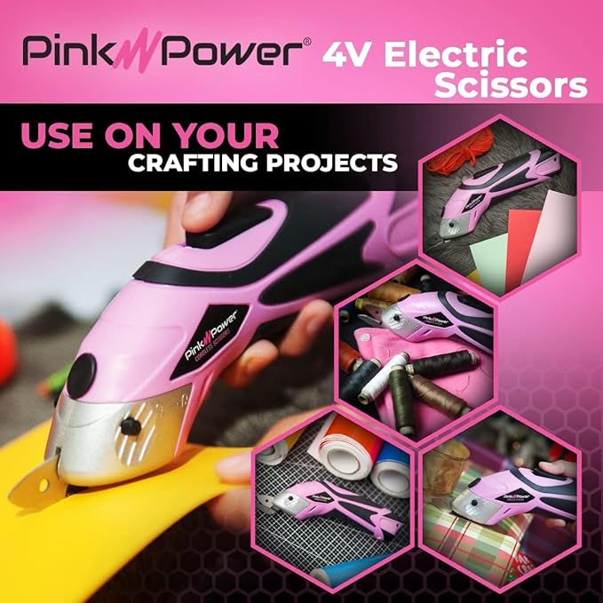 Pink Power Cordless Electric Scissors Fabric Cutter for Crafts, Box, Sewing, Carpet, & Scrapbooking - Heavy Duty Professional Rotary Shears Cutting Tool - Automatic Cardboard Cutter Fabric Scissor