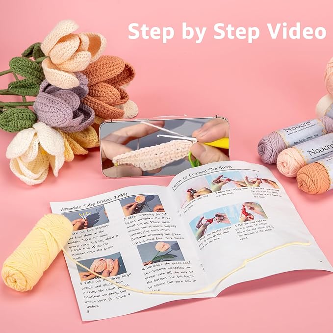 Noocro Crochet Kit Flower Bouquet, Rose, Lily Myosotis, Poppy, Tulip and Orchid with Video Tutorial and Detailed Instructions, Complete Kit Craft Supplies Holiday Gift (Tulip)