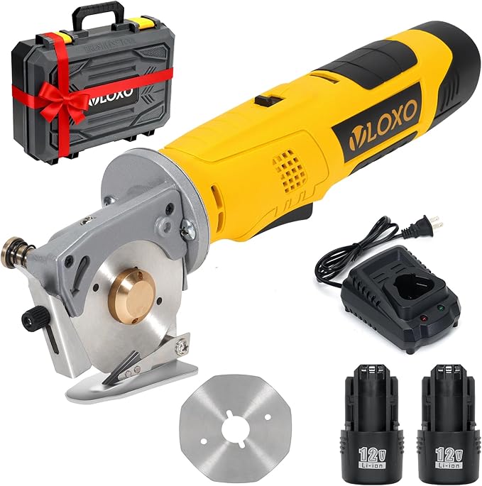 VLOXO Electric Rotary Fabric Cutter Cordless Electric Scissors, Multi-layer Fabric Cutter with Safety Lock and Replacement Blade Power Rotary Scissors for Cutting Leather, Carpet, Thick Fabric