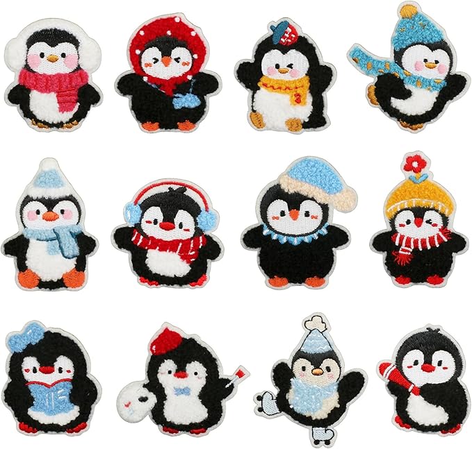 Christmas Penguins Iron on Patches 12Pcs Chenille Embroidery Sew on Stickers Applique for DIY Crafts T Shirt Clothing Jackets Backpacks Jeans Party Decorations Accessories
