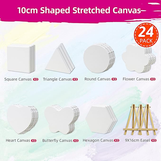 24Pack Stretched Canvas for Painting, 100% Cotton Art Canvases with Easel for Painting, 5/8 Inch Profile 8 Ounce Acid-Free Painting Canvas Supplies for Acrylics,Oils & Other Painting Media - 10cm