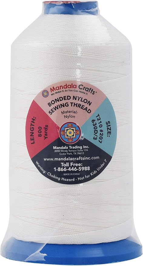 Mandala Crafts Bonded Nylon Thread White Heavy Duty Sewing Threads - 800 YDs Size 207 630D T210 Tex 210 Thread for Leather Jeans Weaving Outdoor Marine Upholstery Threads